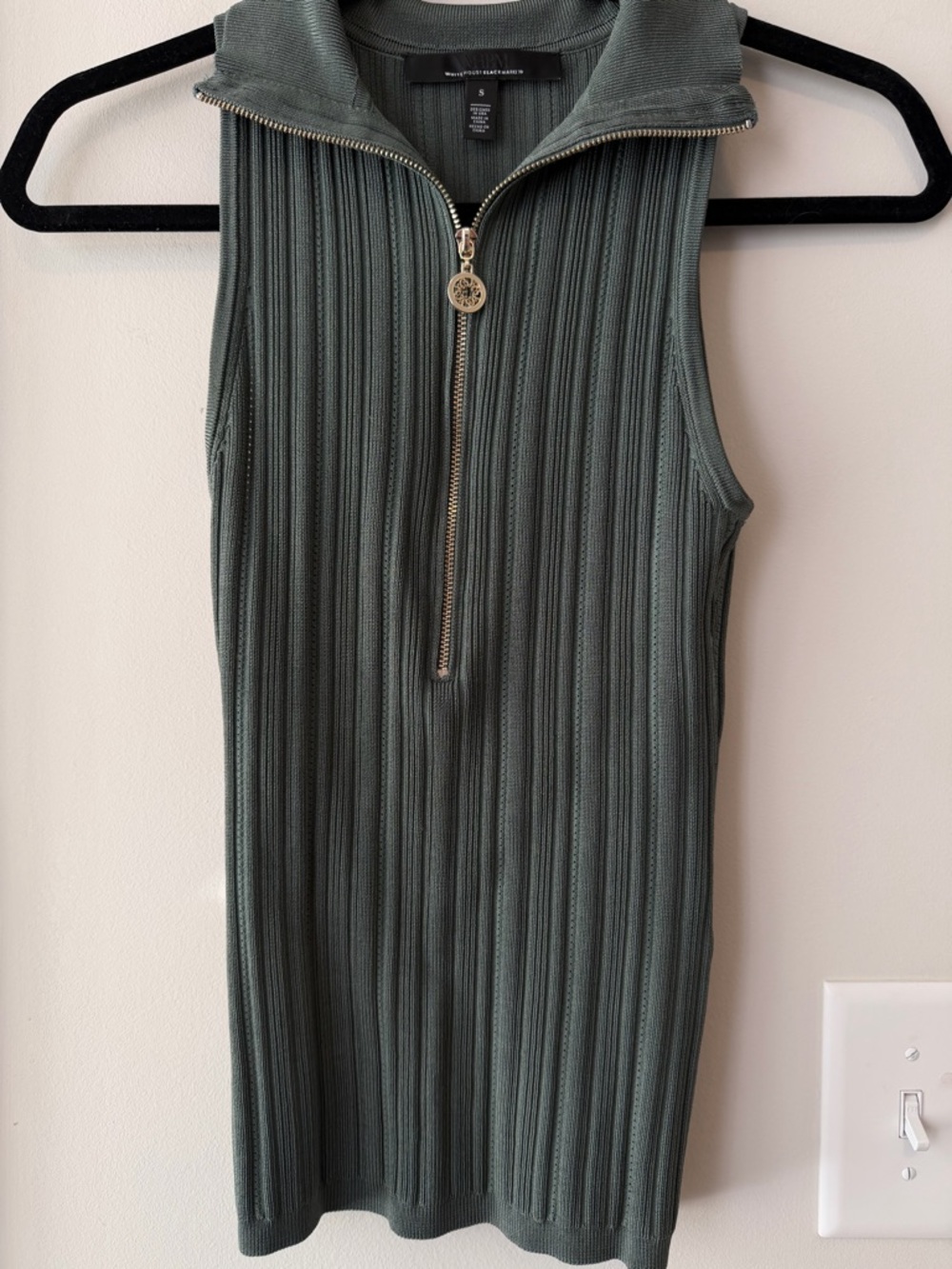 White House Black Market Sleeveless Ribbed Zip-Front Knit Top- Olive Green